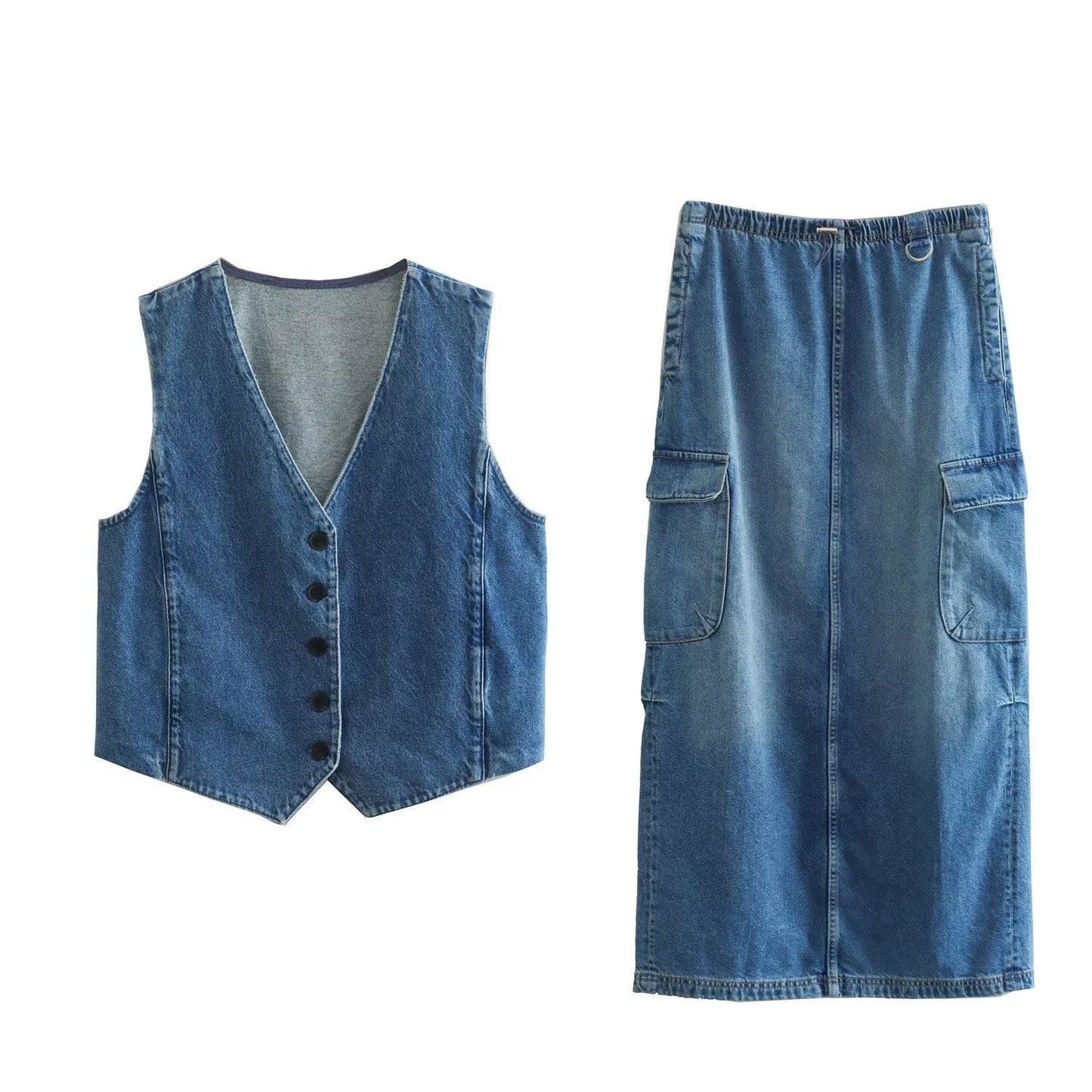 V-neck Sleeveless Vest Elastic High Waist Slit Skirt Denim Suit