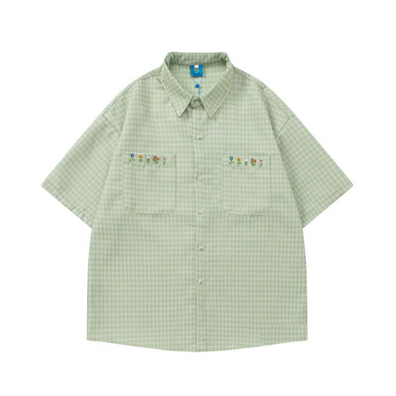 Plaid Embroidered Short-sleeved Loose All-match Couple Shirt