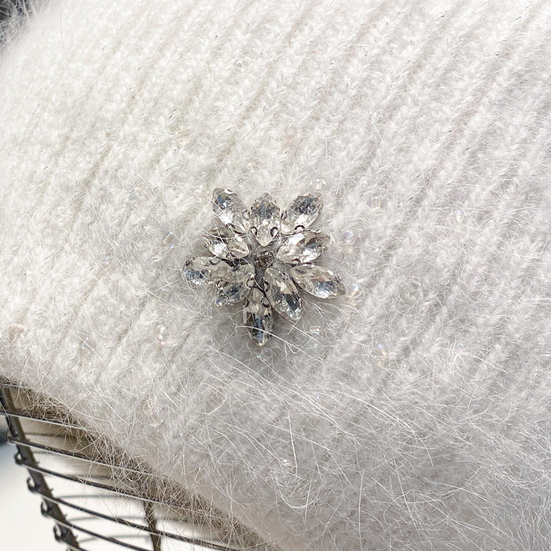 Women's Rabbit Hair Knitted Hat Thickened Warm Rhinestone Flowers