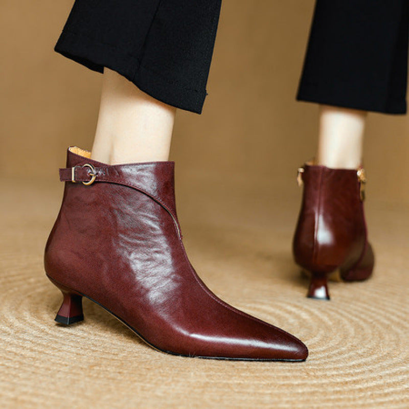 French-style Vintage Pointed-toe Mid-heel Ankle Boots For Women