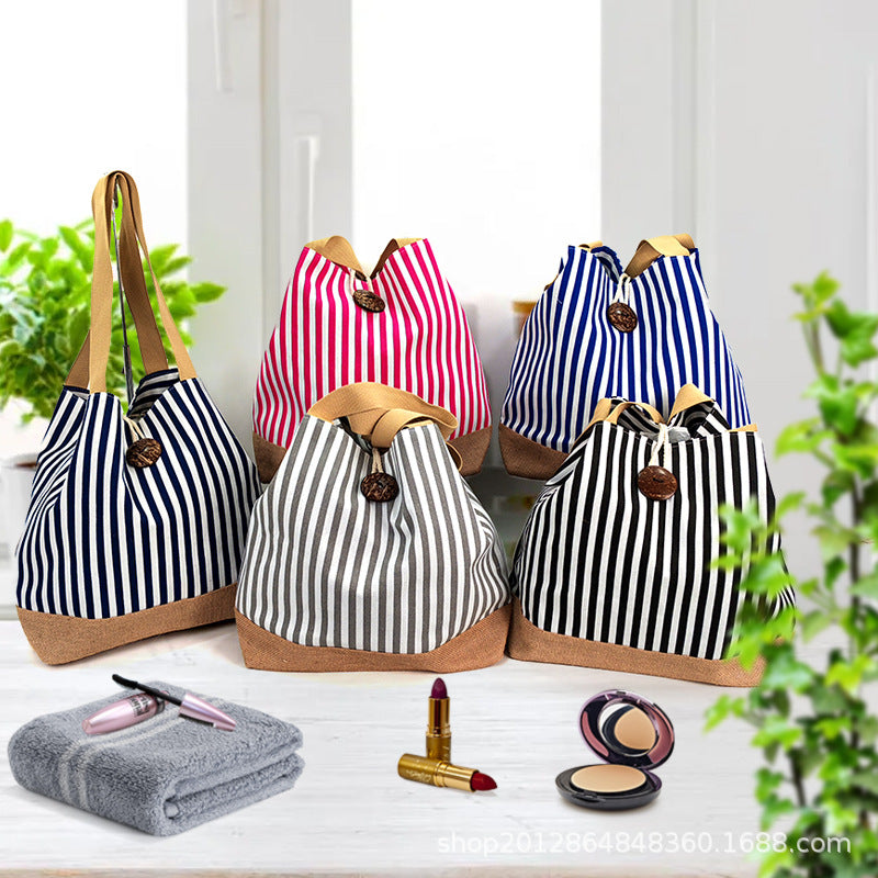 New Striped Canvas Large-Capacity Shoulder Commuter Tote Bag