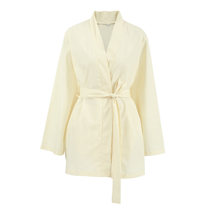 Pajama Set Long-Sleeve Lace-Up Robe And Slit-Edge Shorts