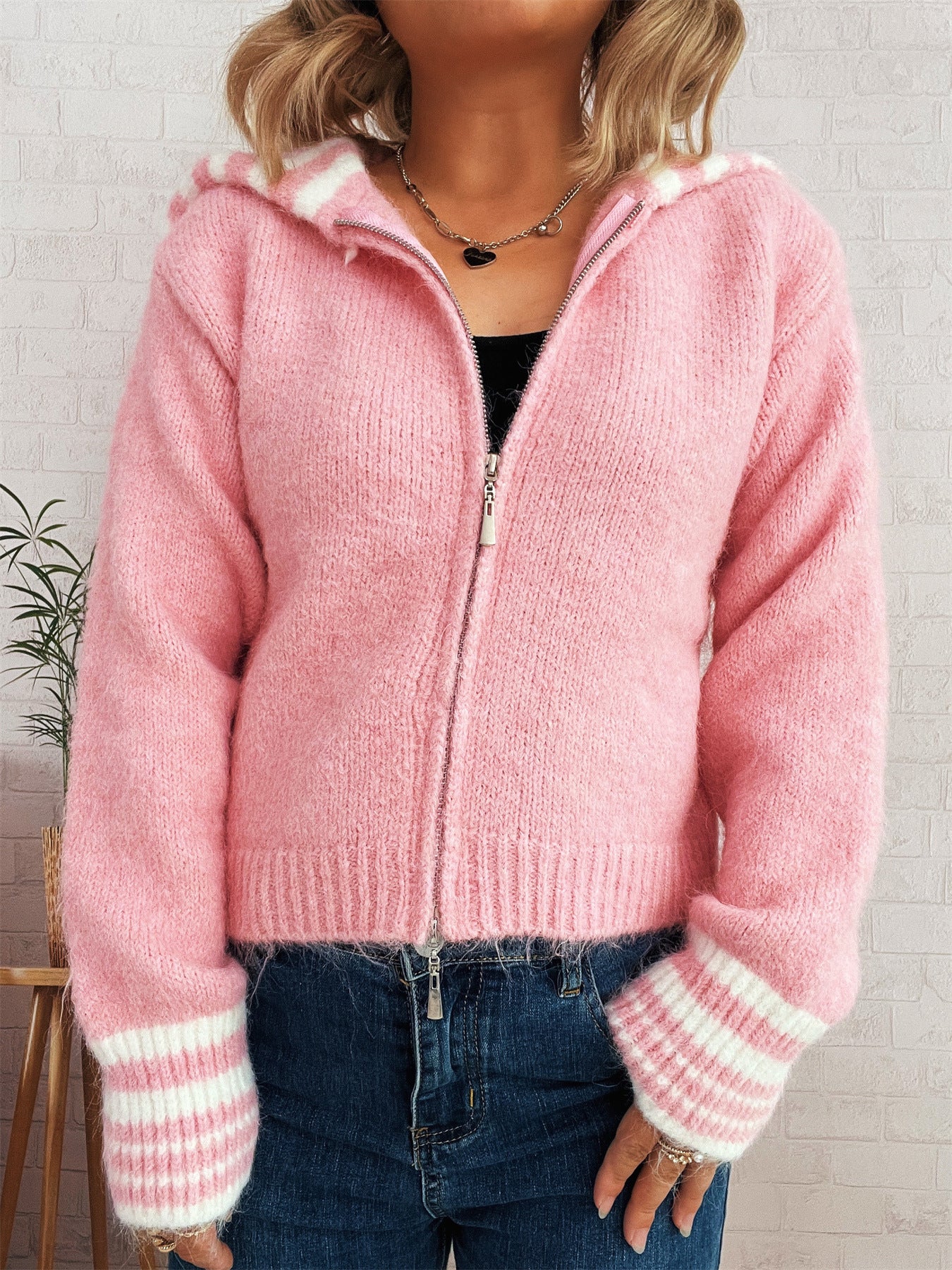 Enkel kontrastfarvet stor revers lynlås strikket cardigan løs afslappet sweater
