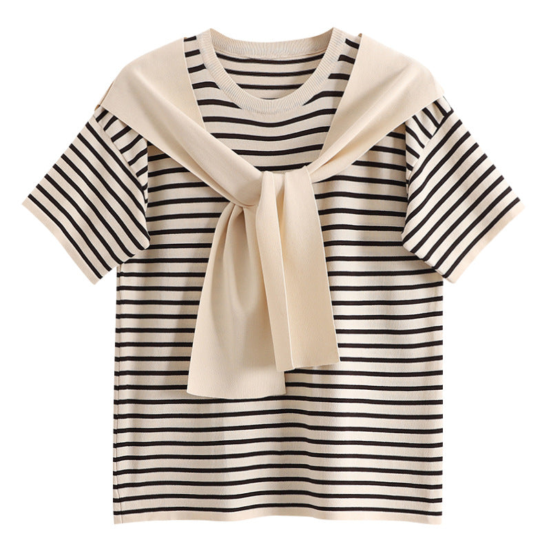 Female Niche Knitwear Striped Fake Two-piece Top Ice Silk T-shirt