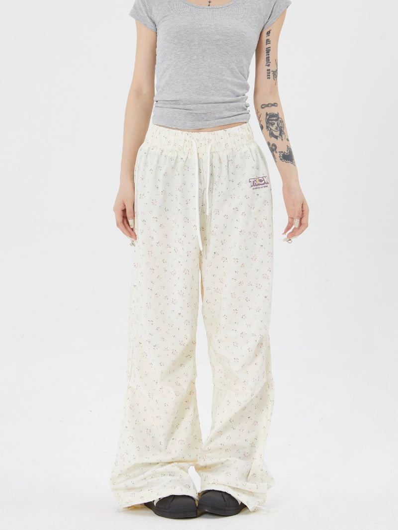 Casual Flared Pants With A Small Floral All-over Print Versatile Street-style Wide-leg Trousers
