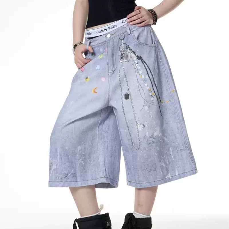 Retro Color Chain Printed Denim Shorts For Women