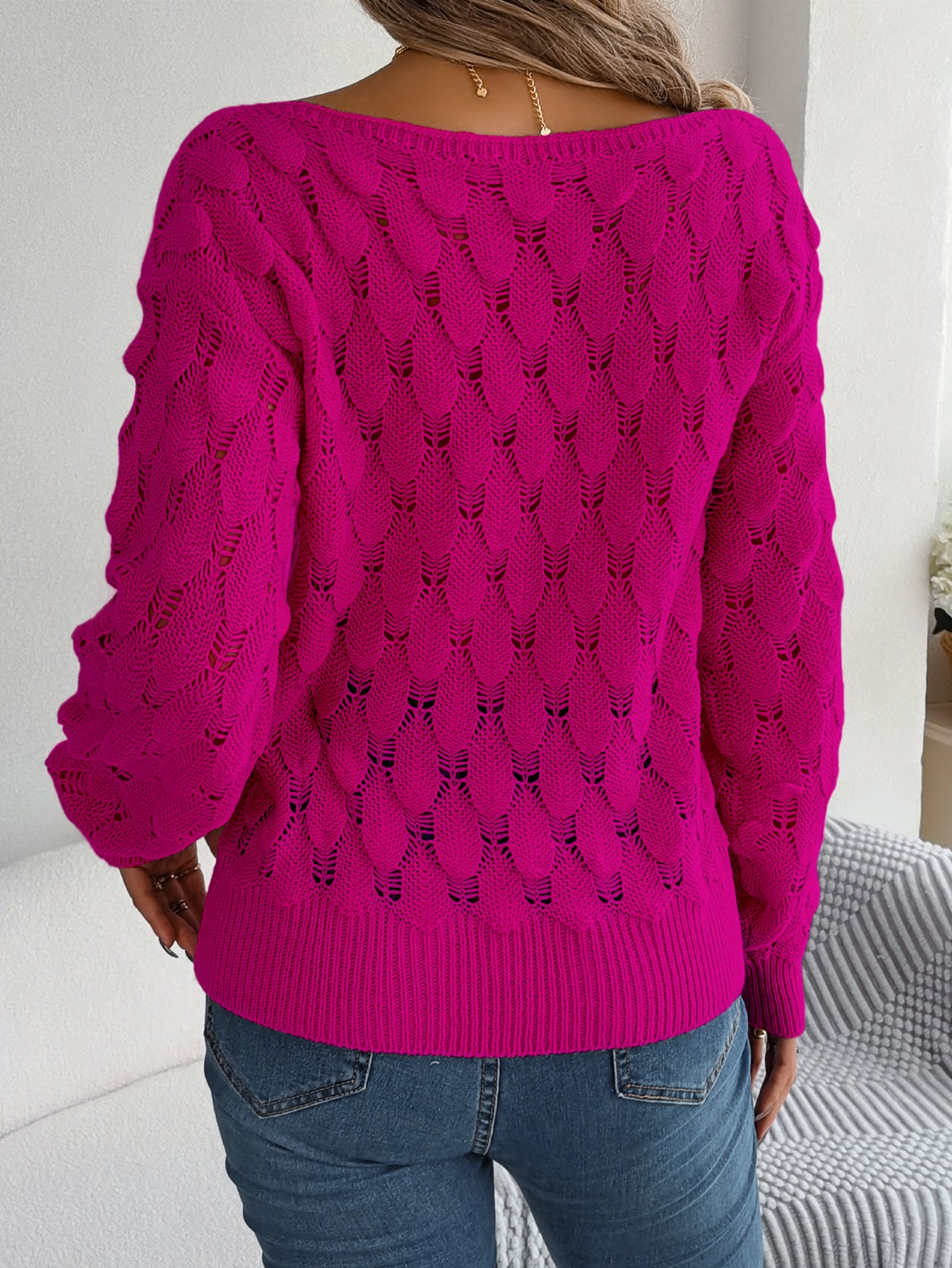 Women Casual Feather Hollow Out Off-Shoulder Lantern Sleeve Sweater