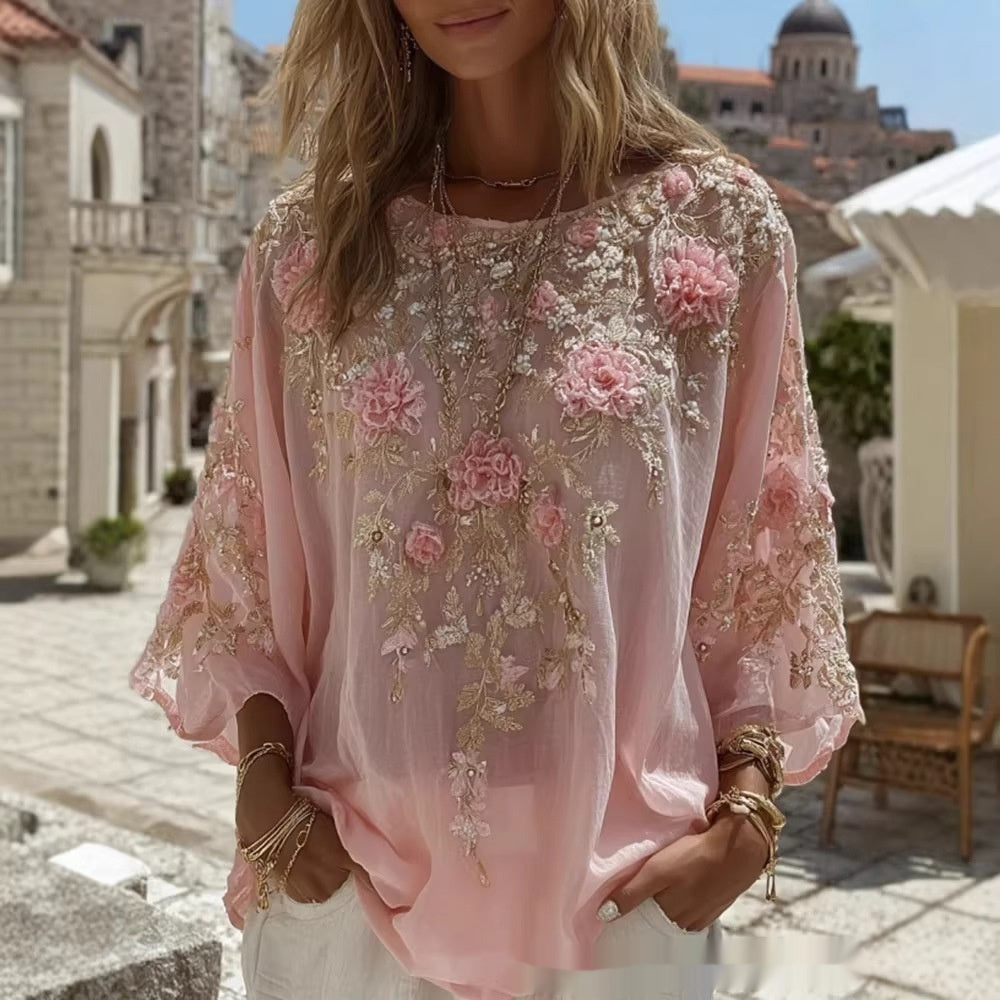 Retro Boheme Løs Linnedtop Med Roser