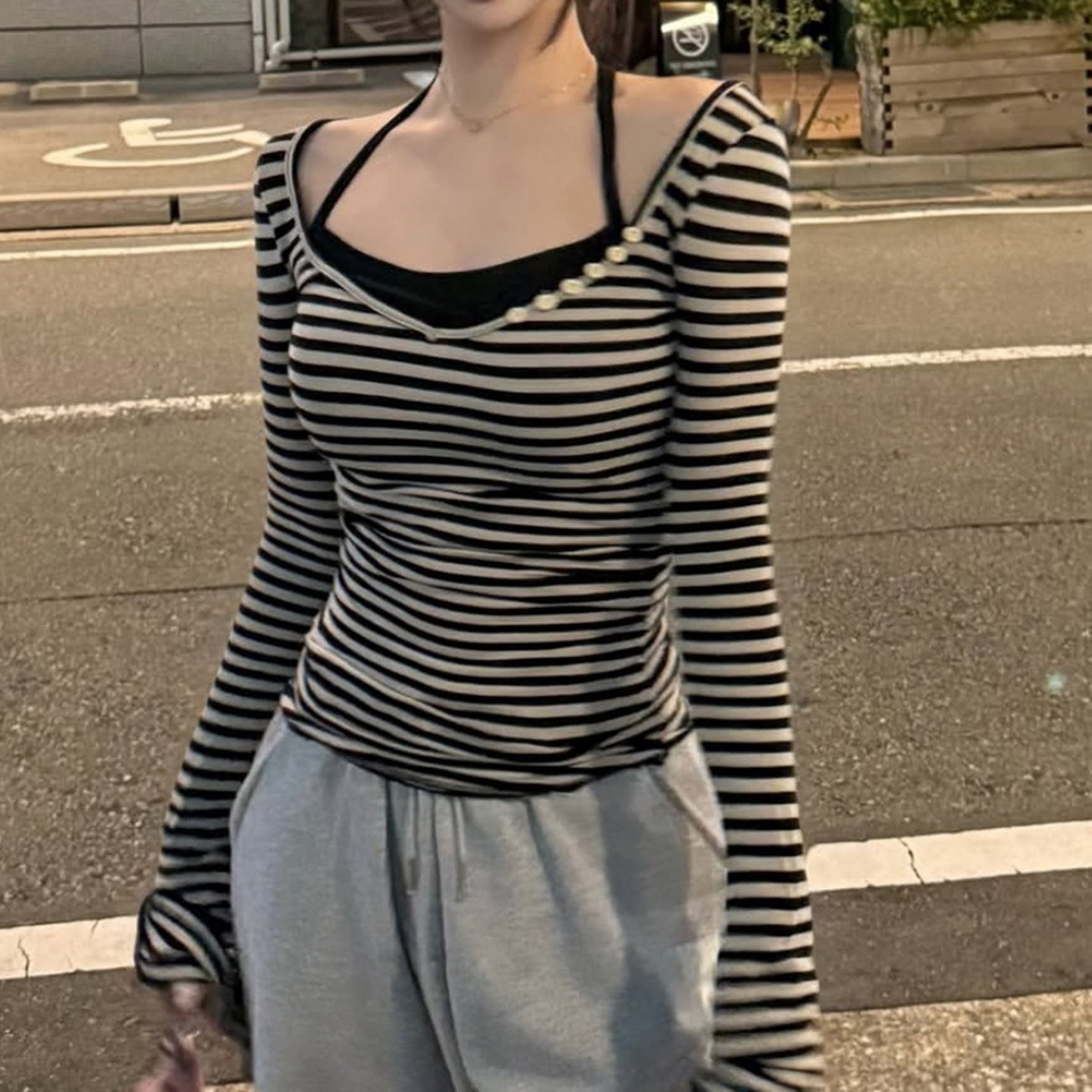 New European And American-style Striped Halter V-neck Slim-fit Long-sleeve Top