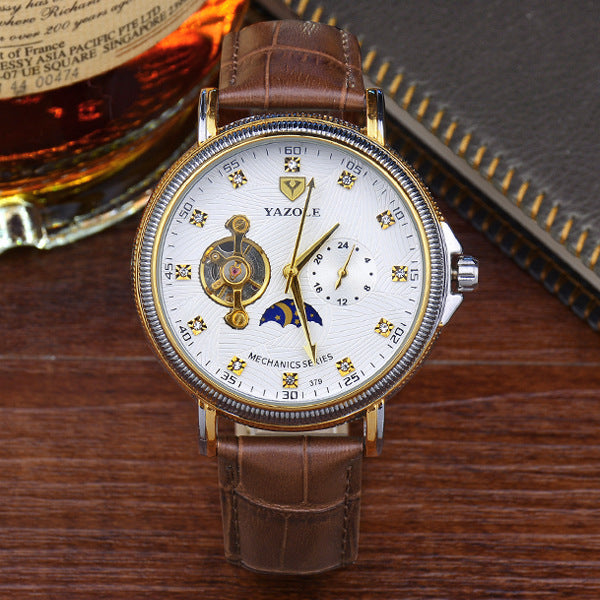 YAZOLE semi automatic hollow Tourbillon mechanical watch fashion business Mens Waterproof luminous mechanical watch