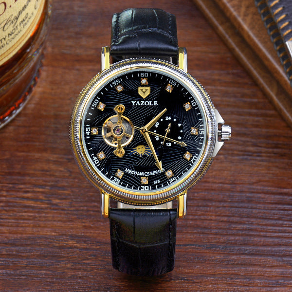 YAZOLE semi automatic hollow Tourbillon mechanical watch fashion business Mens Waterproof luminous mechanical watch