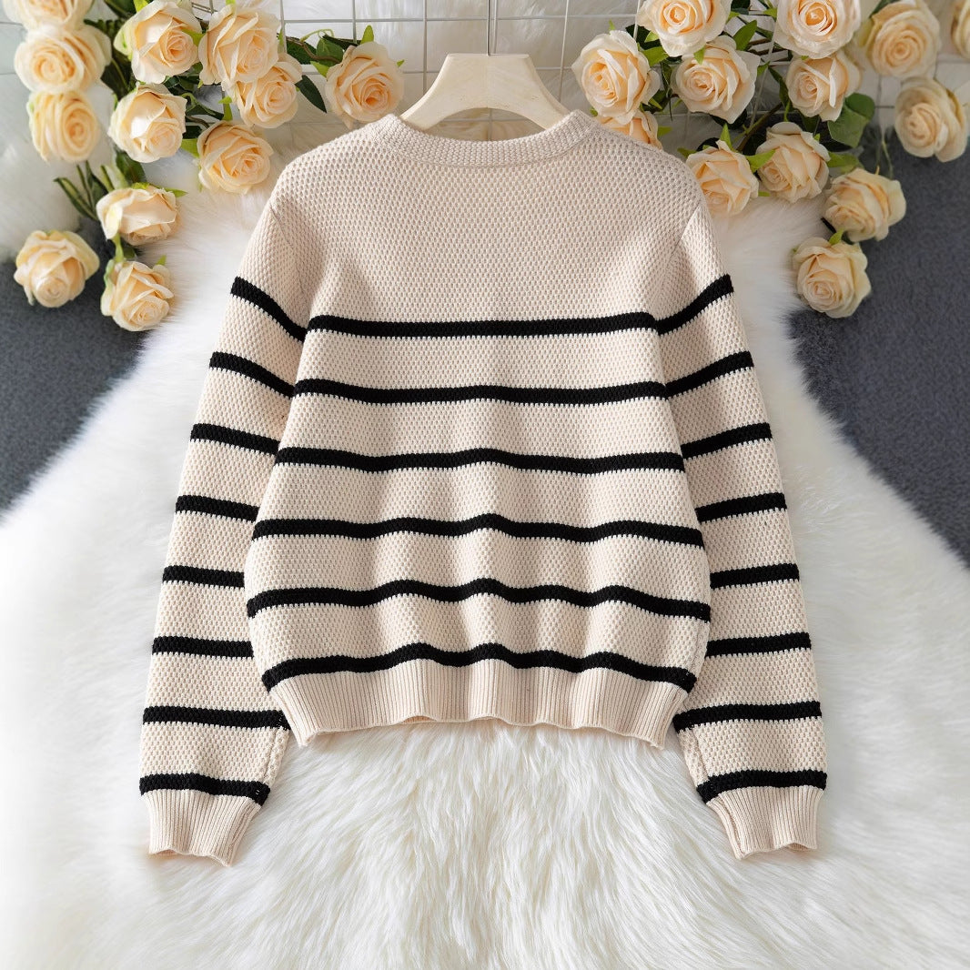 Stribet Pullover Top Mode Cardigan Med Knapper Striktrøje Kvinder