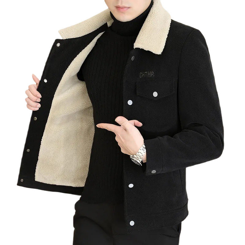 Men's Lapel Pure Color Ribbon Fur Collar Fleece Warm Jacket
