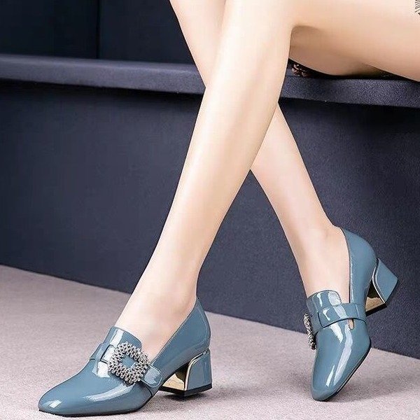Women's versatile mid-heel chunky heel square toe shoes
