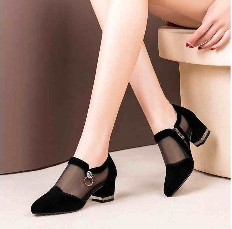 Mesh pointed toe zipper high heel women's shoes