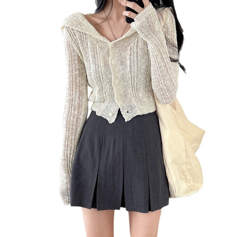 Retro V-hals Enkeltradet Langærmet Kort Strikket Cardigan Top