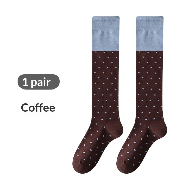 Korean-style Polka-dot Contrast-color Womens Calf Sweet And Versatile Knee-high Puff Socks Made Of Cotton