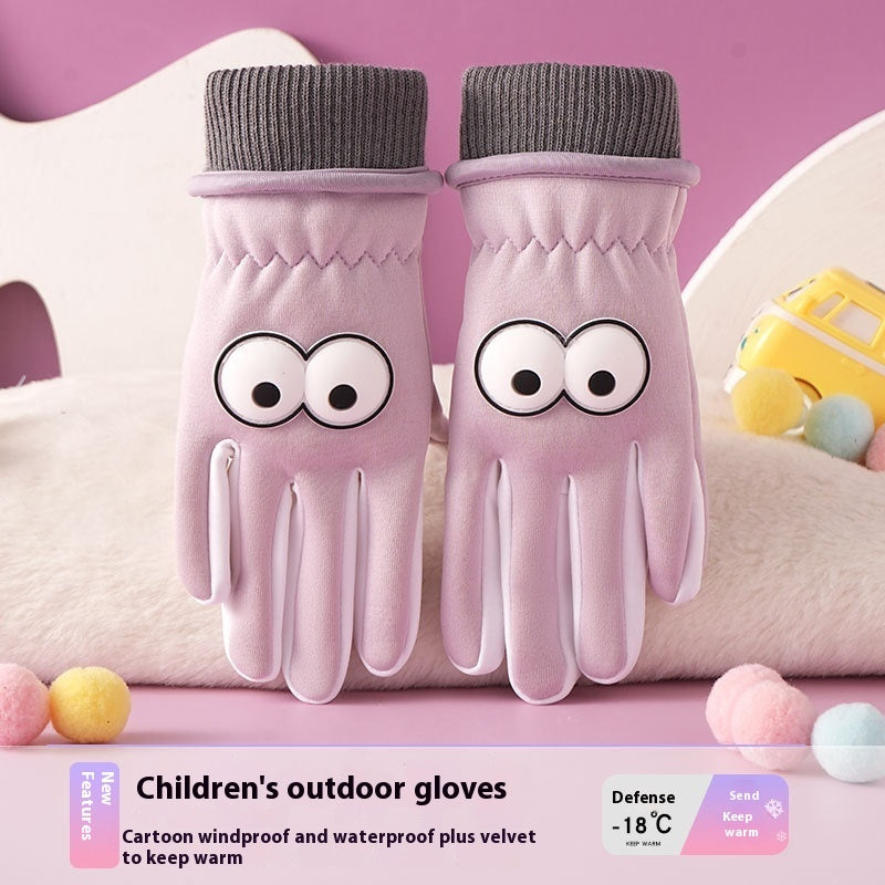 Children's Gloves Autumn And Winter Outdoor Cold-proof Warm With Velvet Anti-slip Cycling Cartoon Cute Windproof