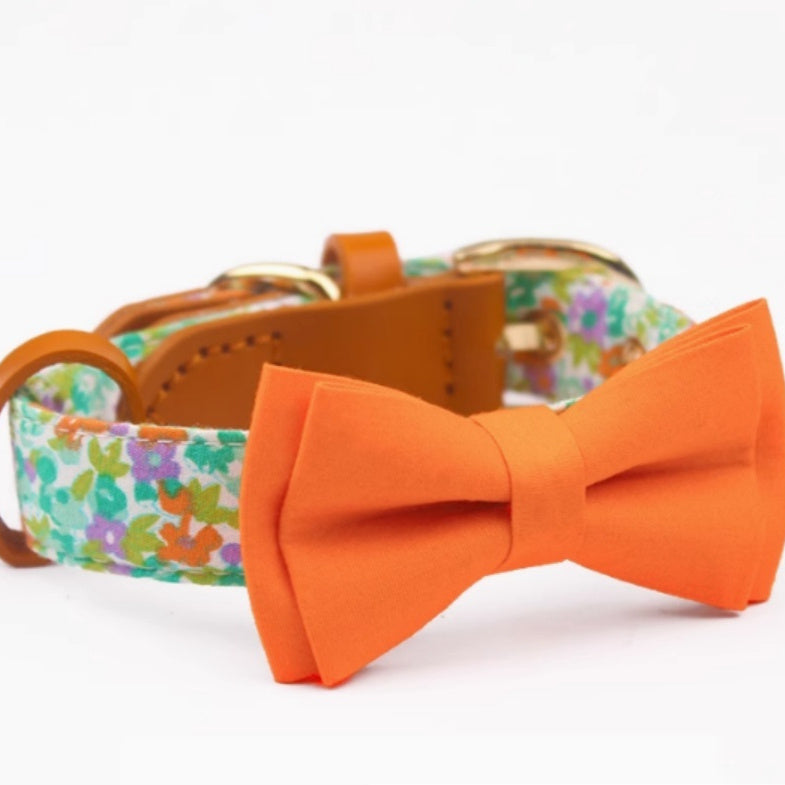 Cowhide Stitching Floral Cotton Pet Dog Collar Hand Holding Rope