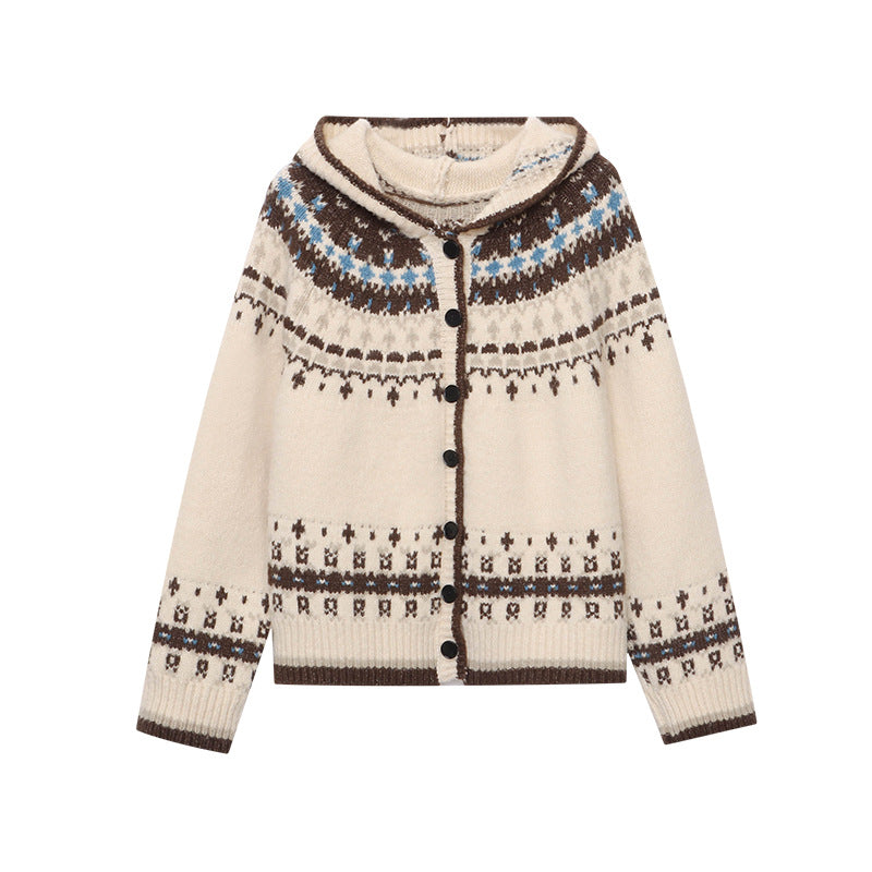 Vintage Jacquard Hooded Knitted Sweater Cardigan