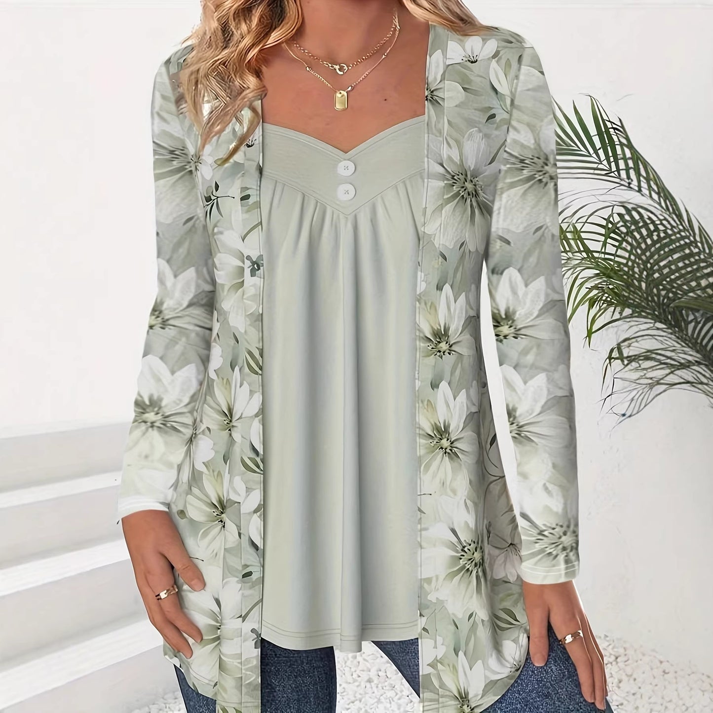 Fashionable Two-in-One Printed Long-Sleeve Top With Buttons