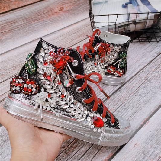 Beaded Three-dimensional Flower Color Matching Western Style High-top Canvas Women's Shoes