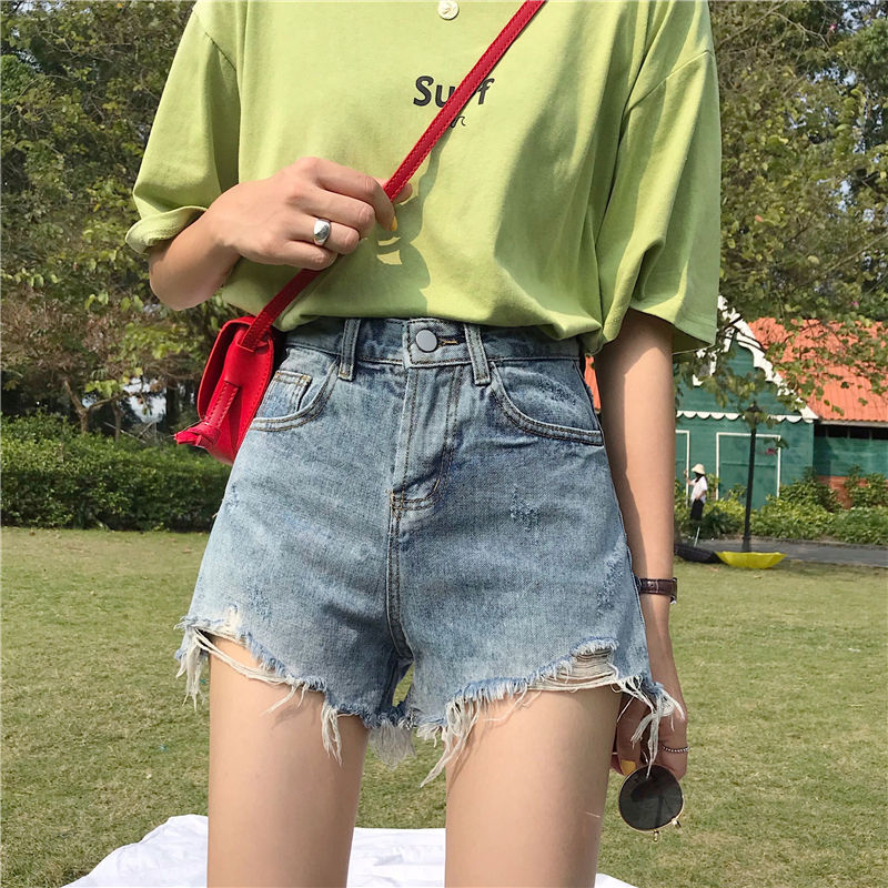 Retro High-waisted Straight Hole Wide-leg Denim Shorts