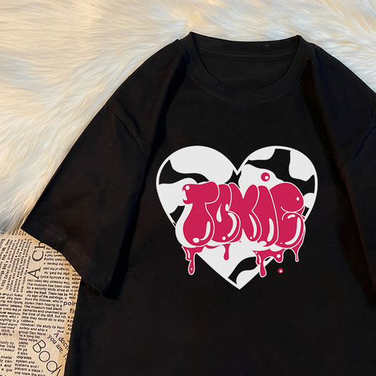 Womens Loose-Fit Heart-Print Short-Sleeve Top