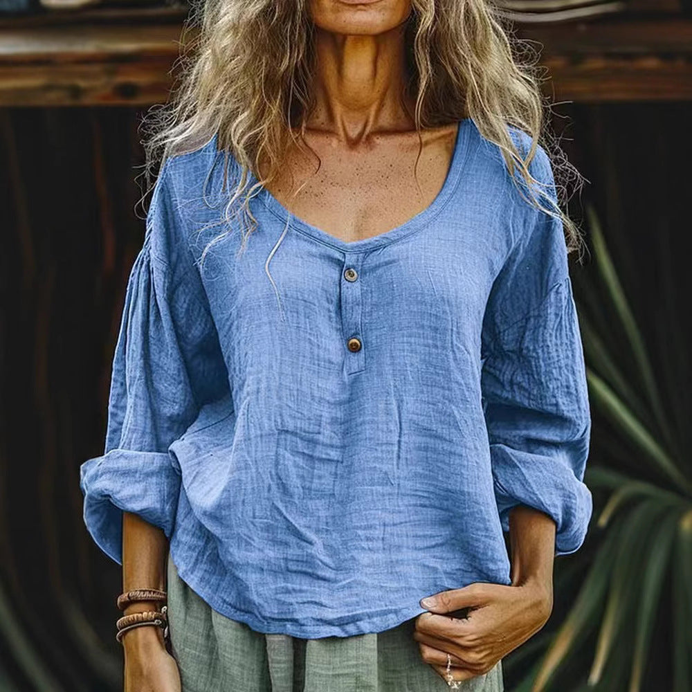 Women's Casual Loose Fashion Long Sleeve Linen Solid Color Top