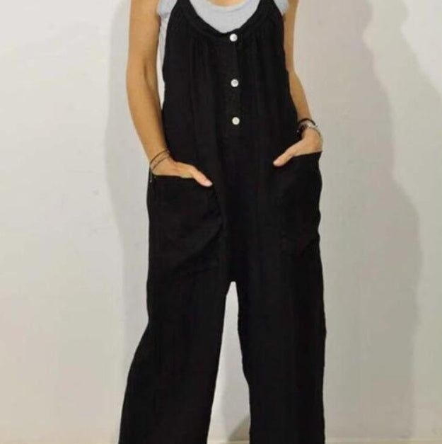 Pocket Solid Color Elastic Button Romper