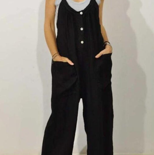 Pocket Solid Color Elastic Button Romper