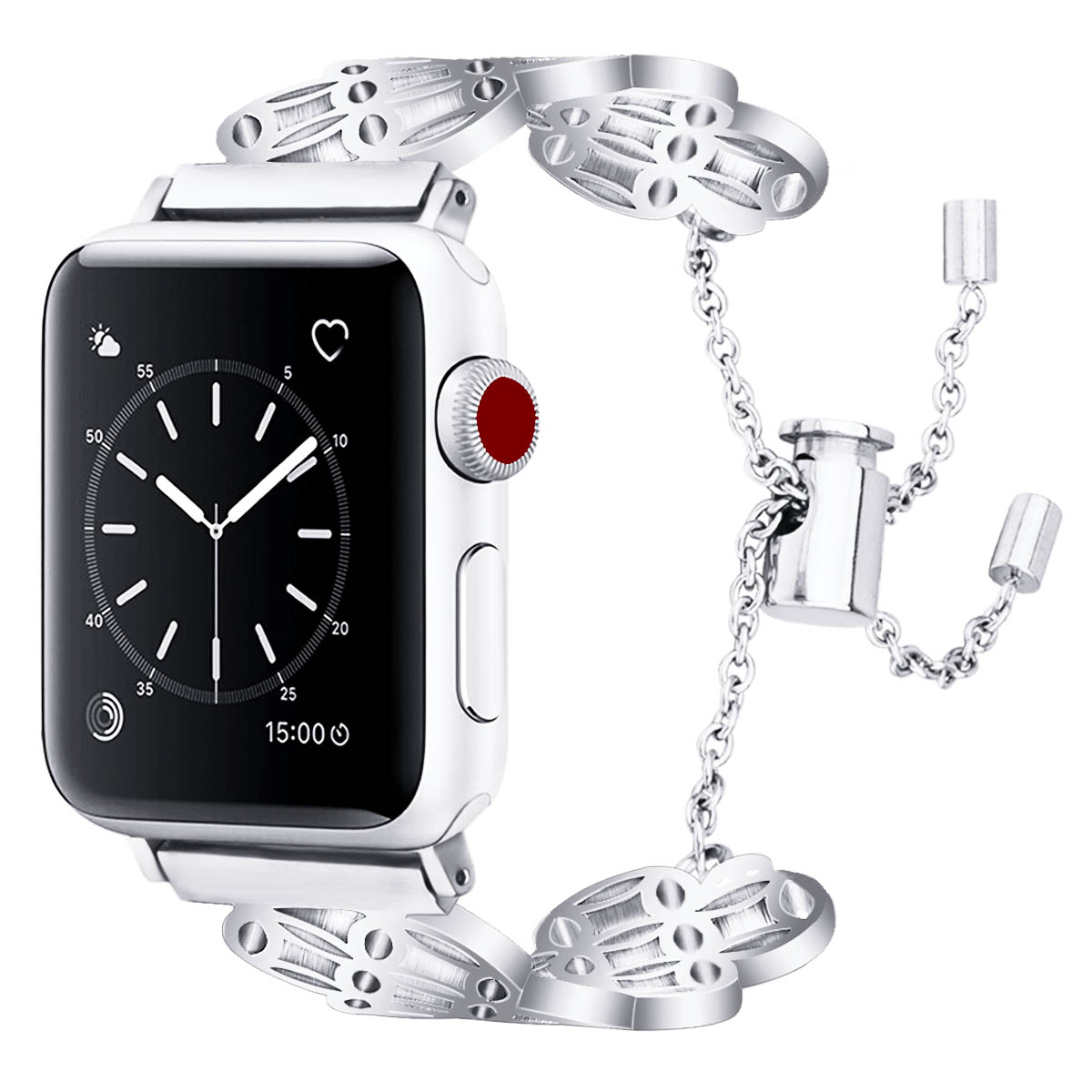 Kompatibel med Apple, Urremme i høj kvalitet med sommerfugl og blomst i rustfrit stål til Apple Watch Series