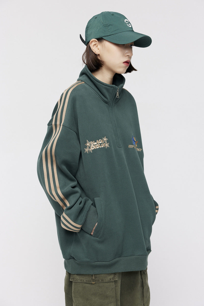 Men's American-style Retro Street Striped With Fleece Lining Half Zipper Jacket