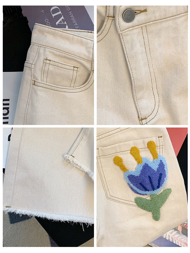 Women's Vintage Flocked White High Waist Jeans