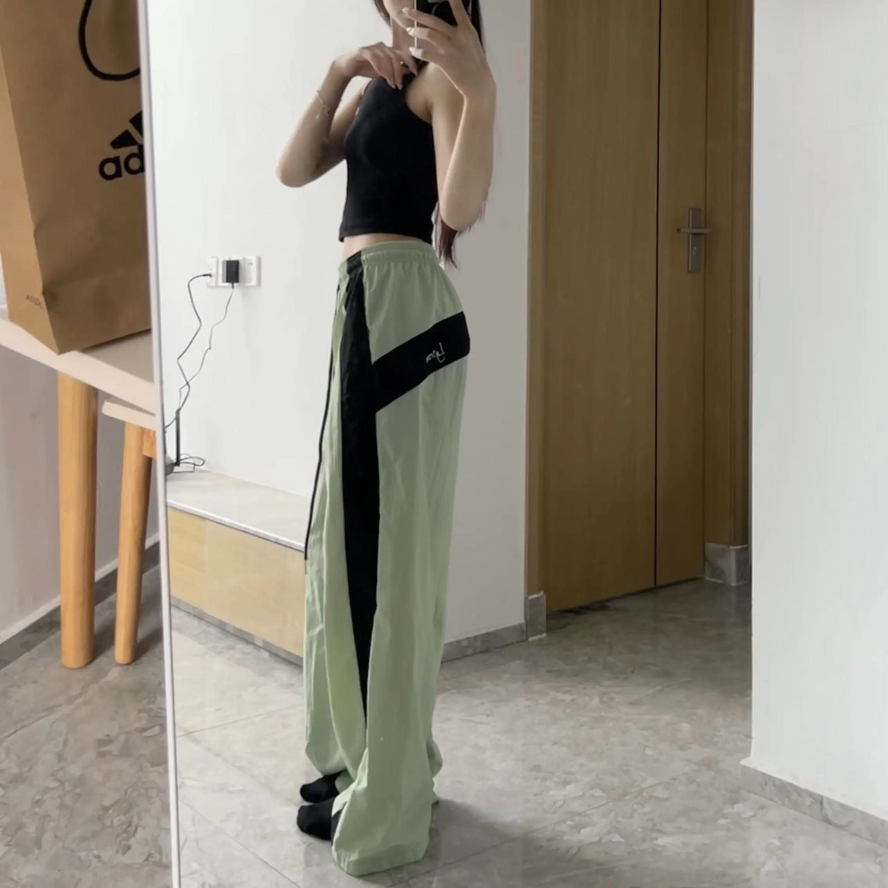 Contrast Patchwork Loose Casual Drawstring Wide-leg Pants
