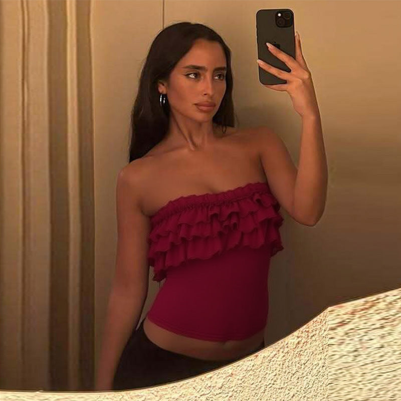 Sexy Figure-hugging Off-shoulder Solid-color Ruffled Wrap Top For Women