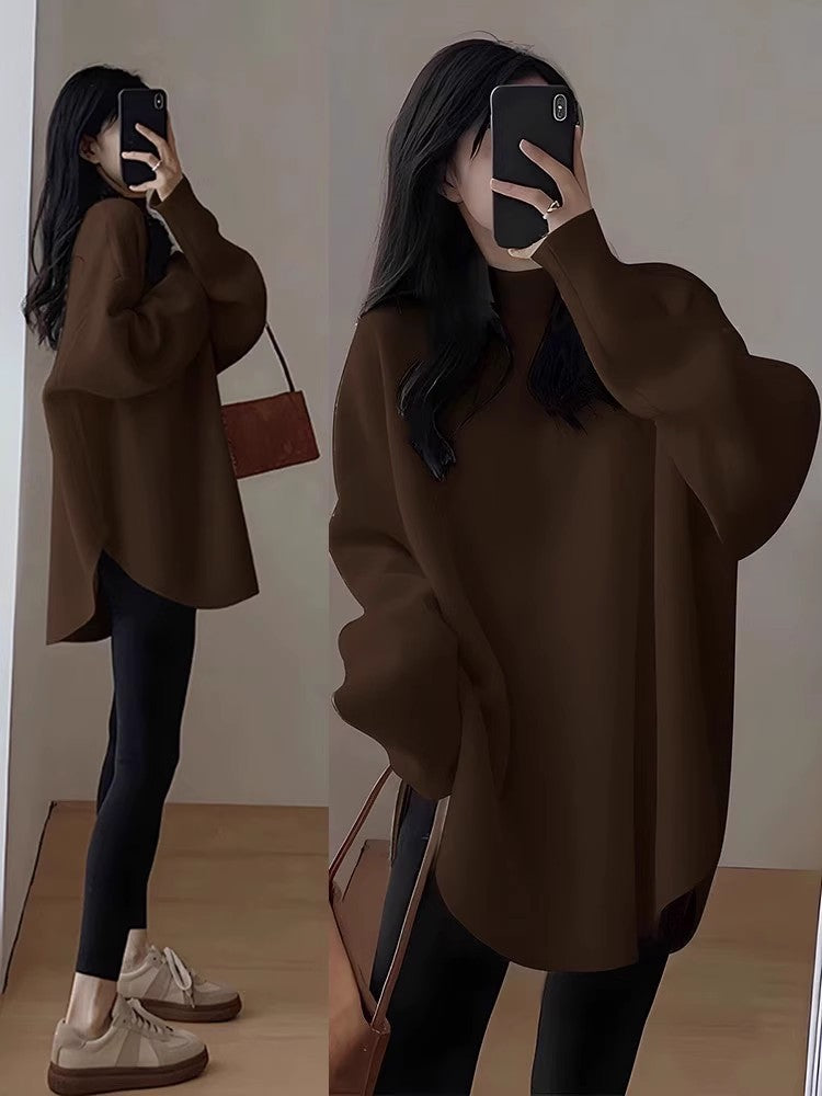 Women's Long Sleeve Loose Mid-length Round Neck Slim And Versatile Base Shirt