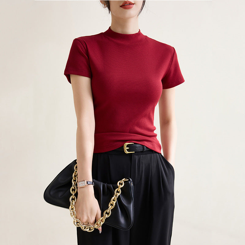 Elegant Slim-fit Solid Color Shoulder Round Neck Short Sleeve