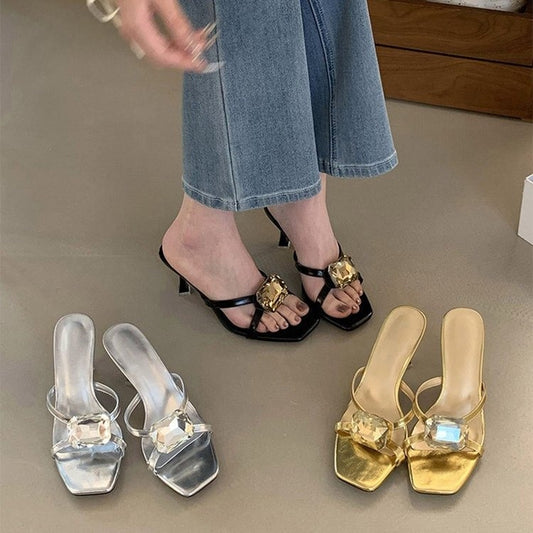 Summer New Korean Style Stiletto Heel Slides For Women, Rhinestone Open Toe High Heel Mules, Dressy Sandals For Ladies