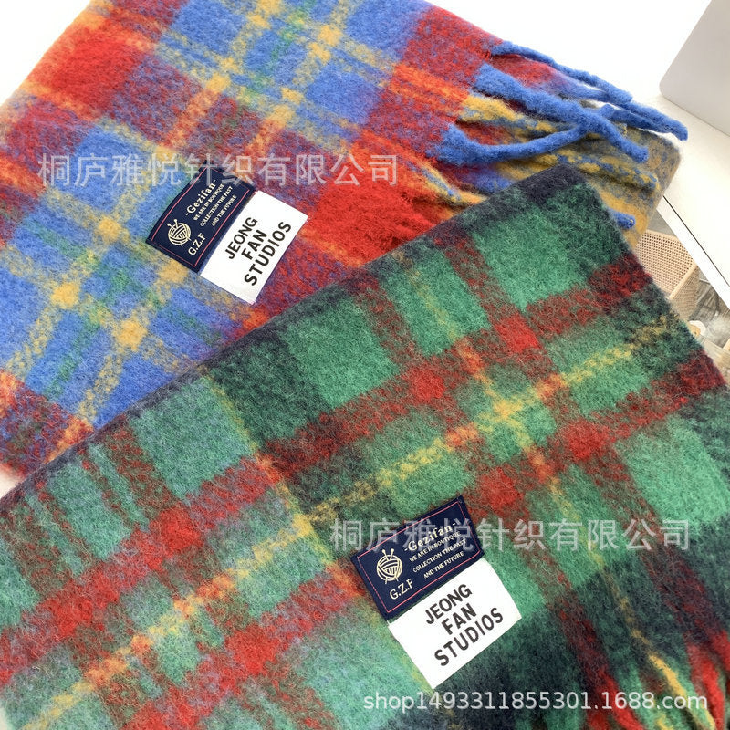 Mohair Rainbow Plaid Fringe Thickened Warm Scarf