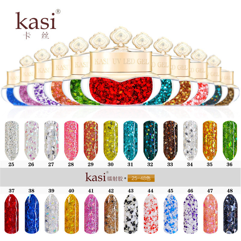 KaSi Nail Aftagelig Lysterapi Klæbende Tilspidset Farve Gel Laser Sequester Neglelak Gel Glimmer Gel 1-48 Farver 10g