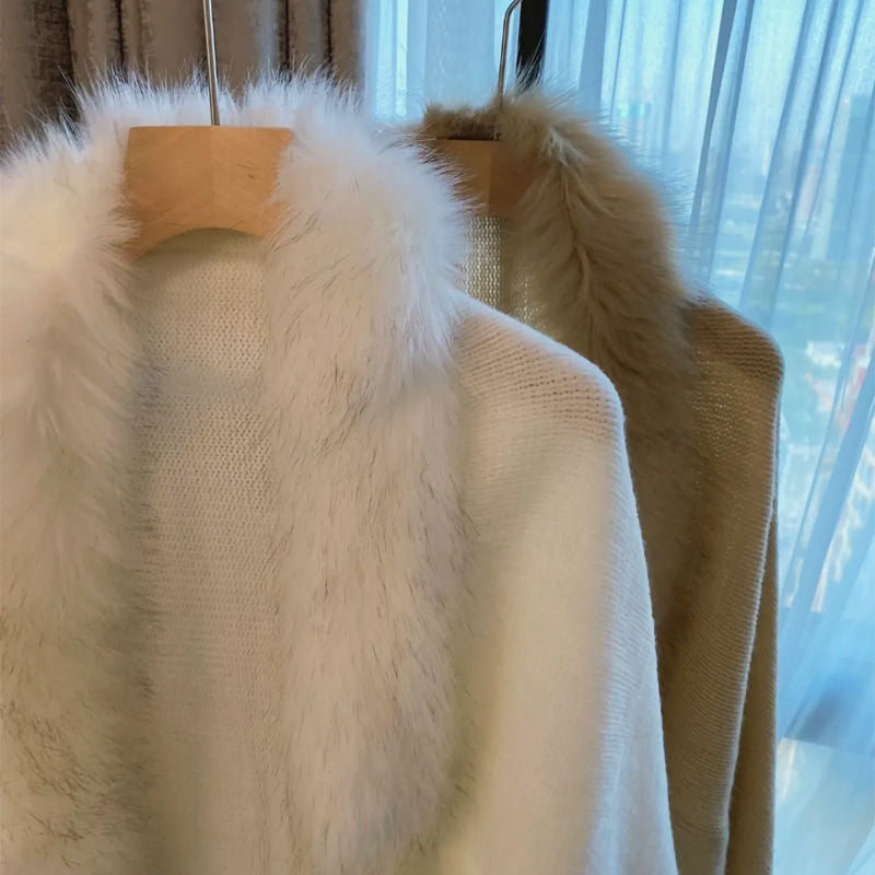 Knitted Shawl Fur Collar Jacket Autumn And Winter Large Size Loose Warm Cloak