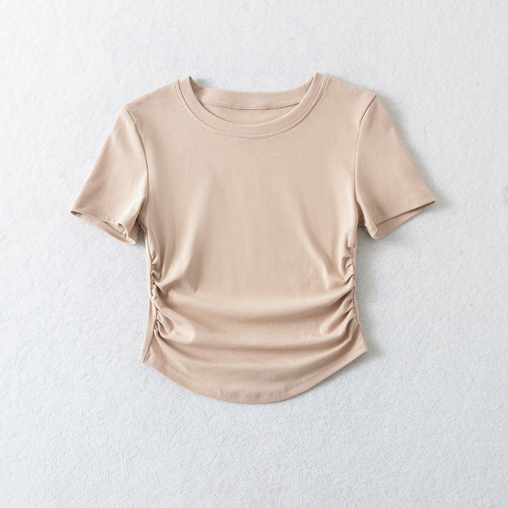 Spring Slim-fitting Top Hot Girl Drawstring Round Neck T-shirt