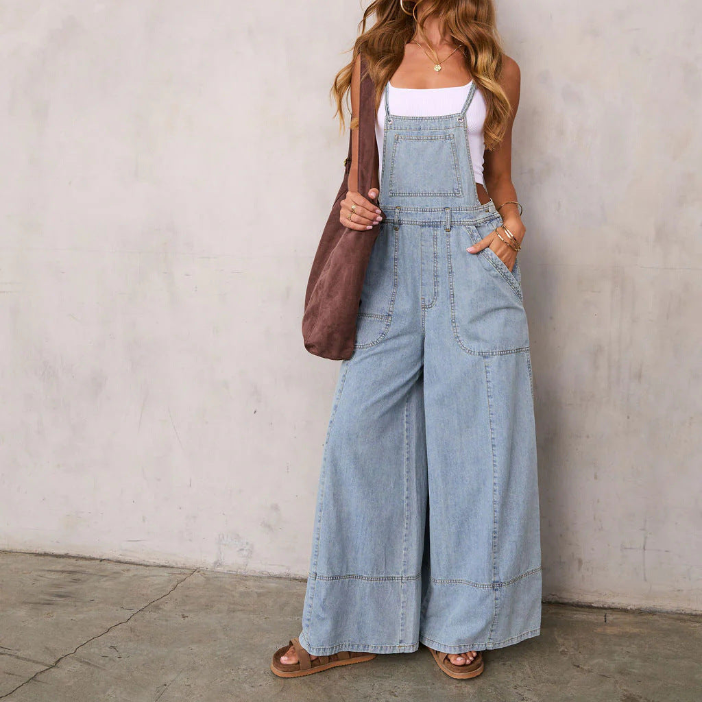 Personalized Street-style Pocketed Wide-leg Pants Suspender Denim Overalls