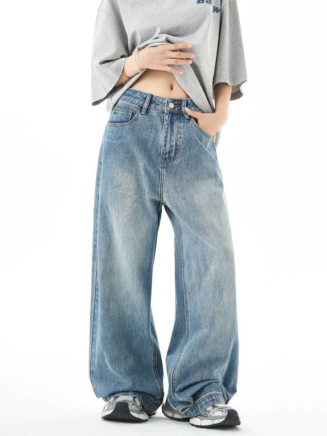 Plus Size American Retro Washed Straight Jeans