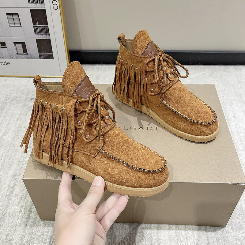 Tassel Boots Women's Tassel Lace-up Comfortable Flat Bottom
