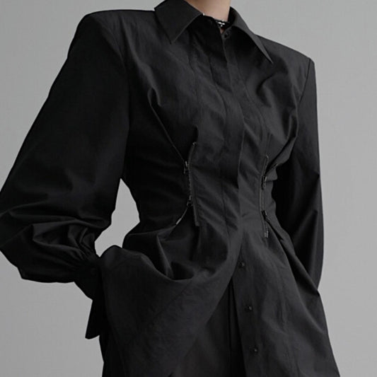 All-match Loose Slimming Zipper Long Sleeve Waist Trimming Shirt