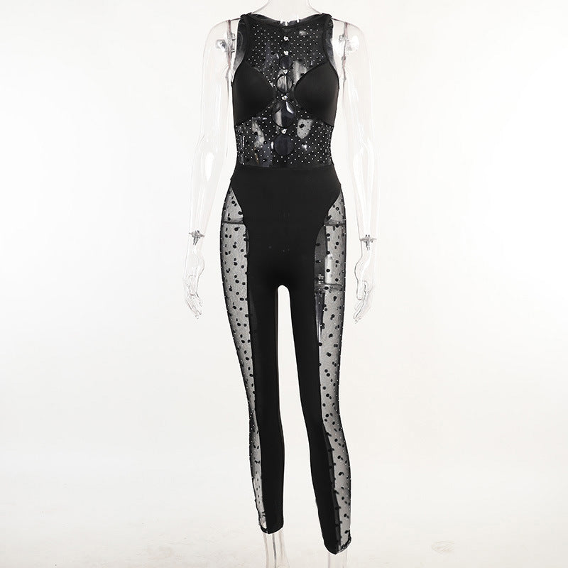 Women's Fashion Mesh Round Neck Hollow-out Jumpsuit