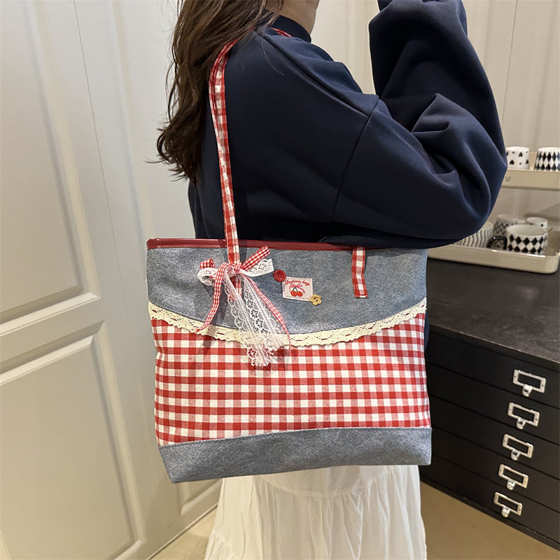 Korean-style Lace-trimmed Color-Block Plaid Tote Bag