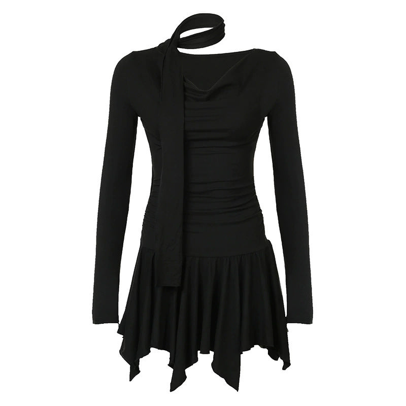 French-style Off-shoulder Pleated Halter-neck Long-sleeve Dress